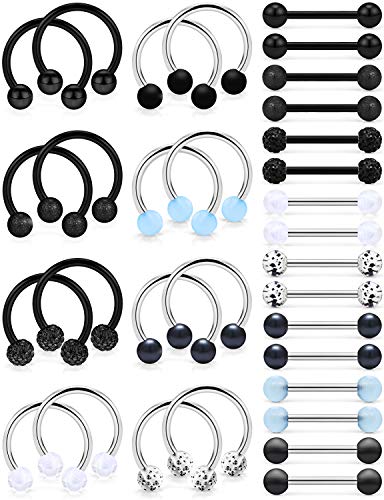 Ftovosyo 16 Pairs 16G Surgical Steel Nipplerings Nipple Tongue Rings Straight & Horseshoe Barbell Hoop Body Piercing Jewelry for Women Men