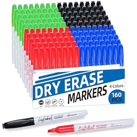 LiqInkol Dry Erase Markers Bulk 160 Pack 4 Assorted Colors, Chisel Tip Whiteboard Markers for Home School and Office，Pens of 40 Black 40 Red 40 Blue and 40 Green. Cover