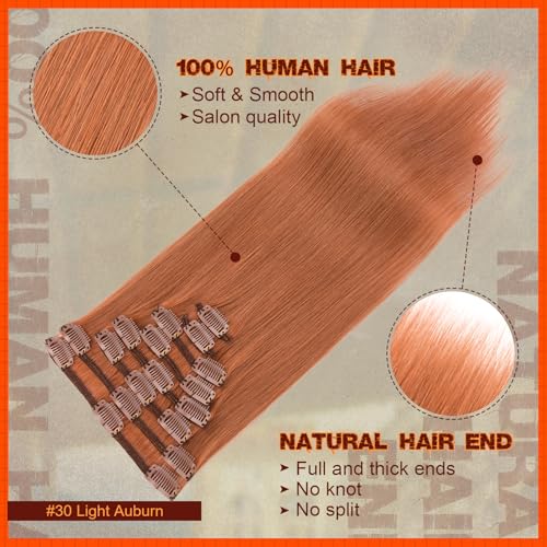 Image of Benehair Clip on Hair Extensions Real Human Hair Auburn Hair Extensions Clip in Human Hair 14inch Long Straight Remy Natural Full Head 8pcs Real Hair Extensions for Women #33 Dark Auburn