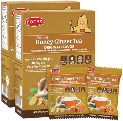 Pocas Honey Ginger Instant Tea Powder 2-Pack with Ginger Extract & Real Honey, Caffeine-Free Tea, 20 Packets per Box