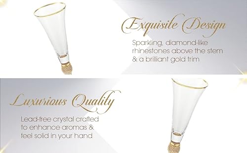 Berkware Set Of 6 Champagne Glasses - Luxurious Champagne Trumpet Flutes With Gold Dazzling Rhinestone Design And Gold Rim #TOP6