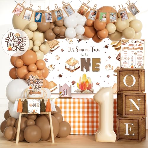 Hombae Smore Birthday Party Decorations 129 Pcs Smore Fun to Be One Party Supplies with Backdrop Balloon Garland Cake Topper Banners for 1st Birthday Camping Themed Decorations