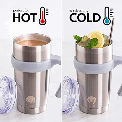 ALBOR Insulated Tumbler with Lid and Straw 20 oz Insulated Coffee Mug with Handle Travel Coffee Mug with 2 Lids, 2 Metal Straw, Brush and Storage Bag, Stainless Steel
