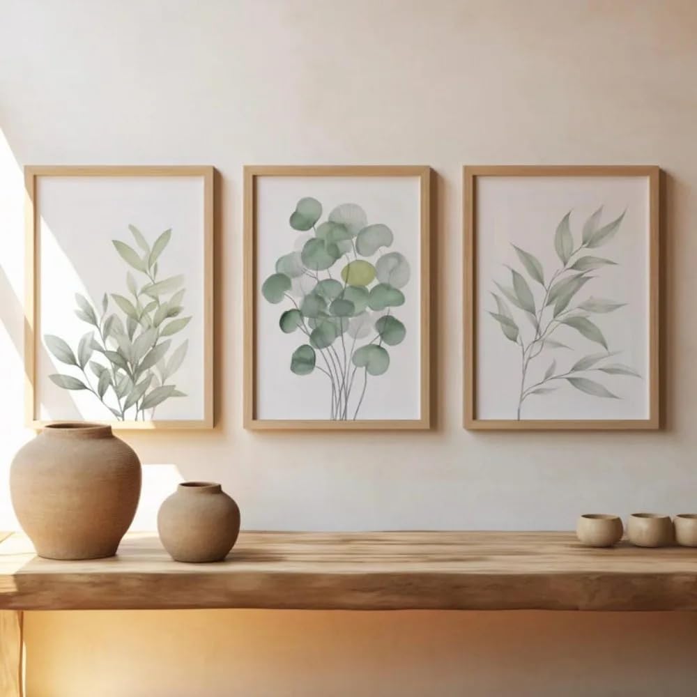 Sage Green Plant Canvas Prints Minimalist Watercolor Leaf Art Spring And Summer Living Room Wall Decor(50x75cm-3Pcs)