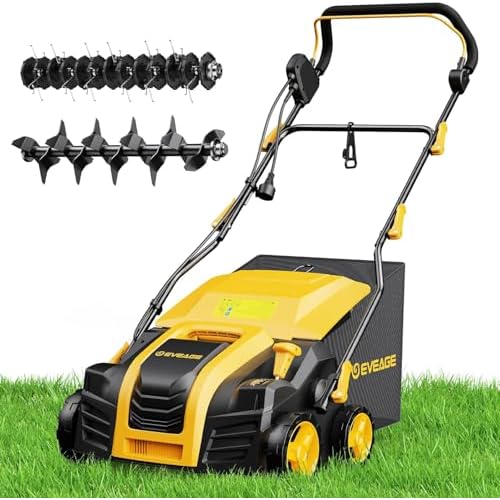 EVEAGE 16-Inch 15 Amp Electric Dethatcher Scarifier, 5-Position Height Adjustment, 14.5-gal Removable Thatch Bag, Quick-Fold, with Scarifier Blade, Removing Thatch, Increases Lawn Health