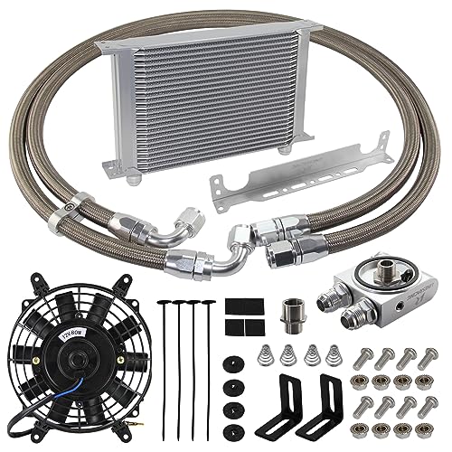 Universal 25 Row Oil Cooler AN10 Transmission Oil Cooler Kit with 7'' Electric Fan Aluminum Silver
