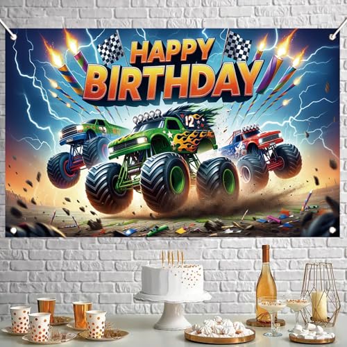Image of Monster Truck Birthday Backdrop, 70.8x43.3 inches, Polyester, Multicolored, Birthday, Includes Truck-themed Backdrop with Four Grommets