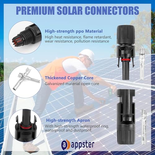Image of 5 Pairs MC4 Solar Wire Connectors | 1000V 30A Waterproof Male Female Cable Extension Kit | PV Panel Plug with Copper Pin & Secure Locking for Solar Panel Installation (Set of 5 Pairs)