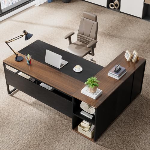 Image of Tribesigns 71 inch Executive Desk, L Shaped Desk with Cabinet Storage, Executive Office Desk with Shelves, Business Furniture Workstation for Home Office, Black and Brown