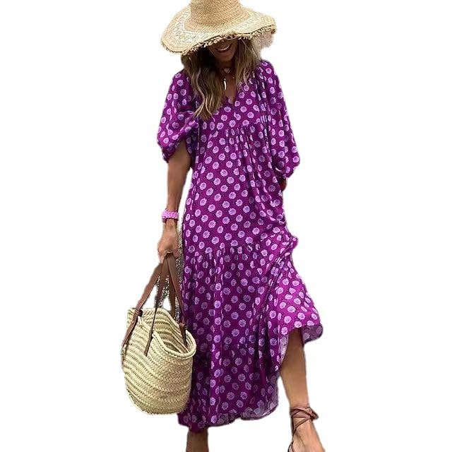 Image of Womens 2024 Casual Boho Maxi Dresses V Neck 3 /4 Puff Sleeve Geometric Pattern Smocked Ruffle Beach Long Sundress (D,Large)