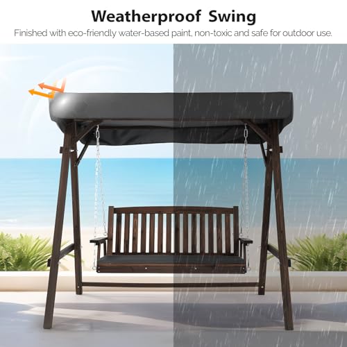 4FT Heavy Duty Wooden Porch Swing with Stand and Canopy, Rustic