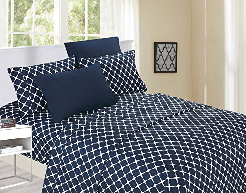 Elegant Comfort Luxury Softest and Coziest 6-Piece Bed Sheet Set, Wrinkle Resistant Milano Trellis Pattern-1500 Thread Count Egyptian Quality Microfiber Bedding Set, King, Navy Blue