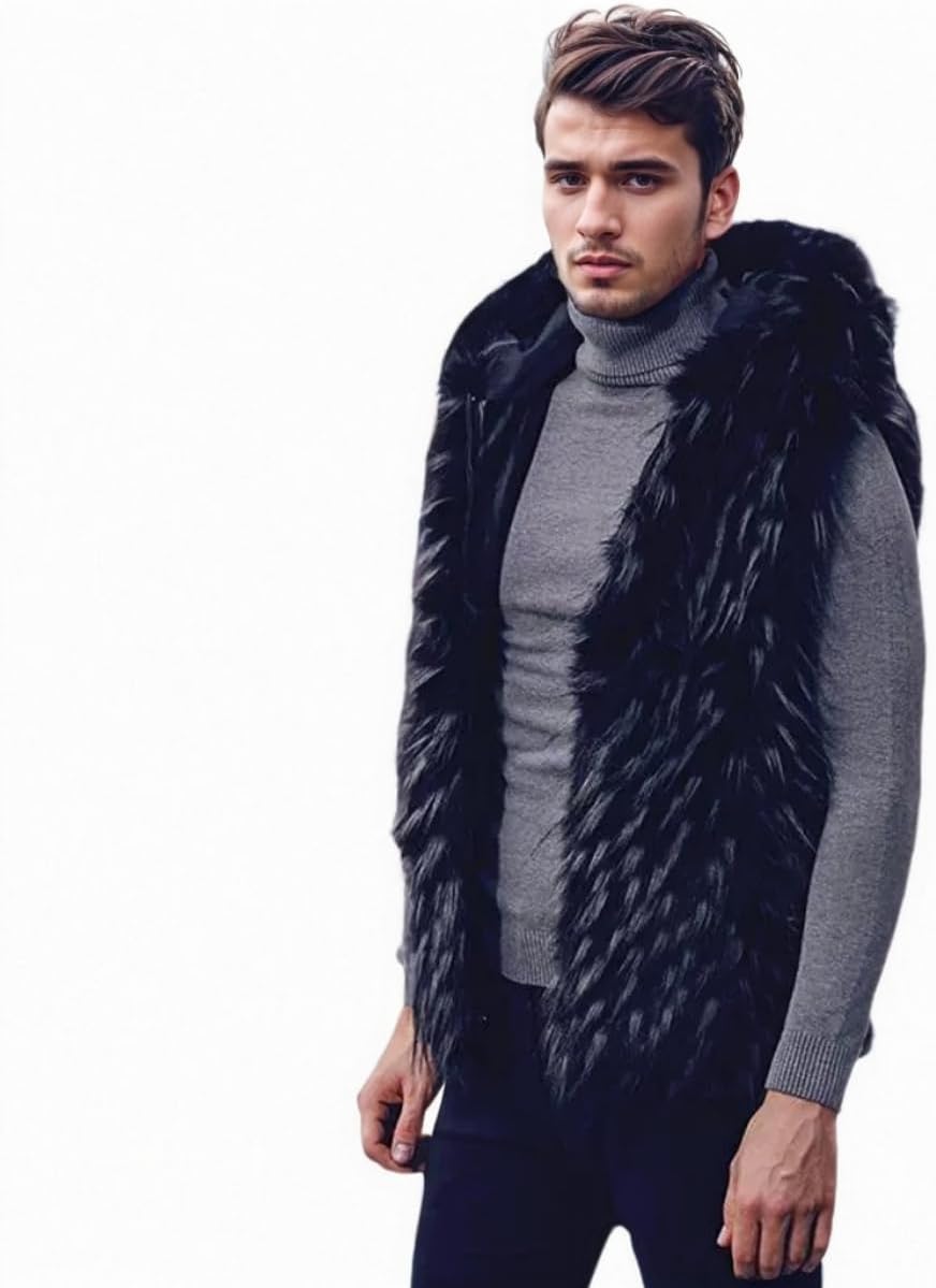 AMTFBY Men's Warm Faux Fur Hooded Waistcoat Short Vest Jacket Coat Sleeveless Outwear