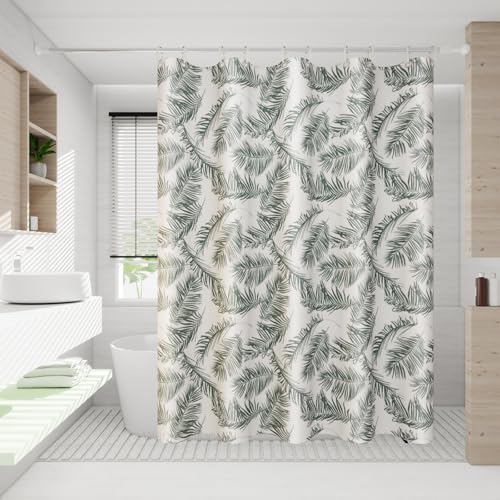 Midrodlle Shower Curtain 180W x 200H cm Waterproof & Mold-resistant for Home Bathroom Hotel Shower Curtain Set With 12 Hooks (Green Feather)