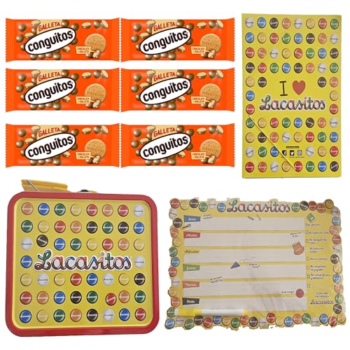 Pack escolar Lacasitos y Conguitos:6 galleta leche bolsa 50g,carpeta,planificador magnético,lata maletín