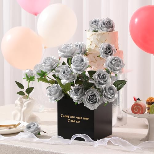 Image of Tifuly 12Pcs Roses Long Stem Fake Silk Artificial Flowers Silver