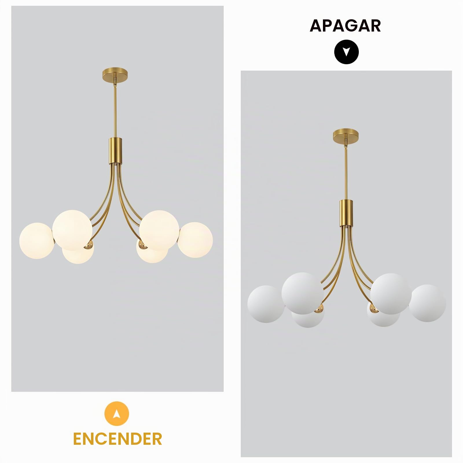 KCO Lighting Lámpara de Araña Moderna 6 Luces Sputnik Cristal Dorado | Diseño Bola Globo, Altura Ajustable, Para Sala de Estar, Para Dormitorio, Para Comedor, Para Cocina