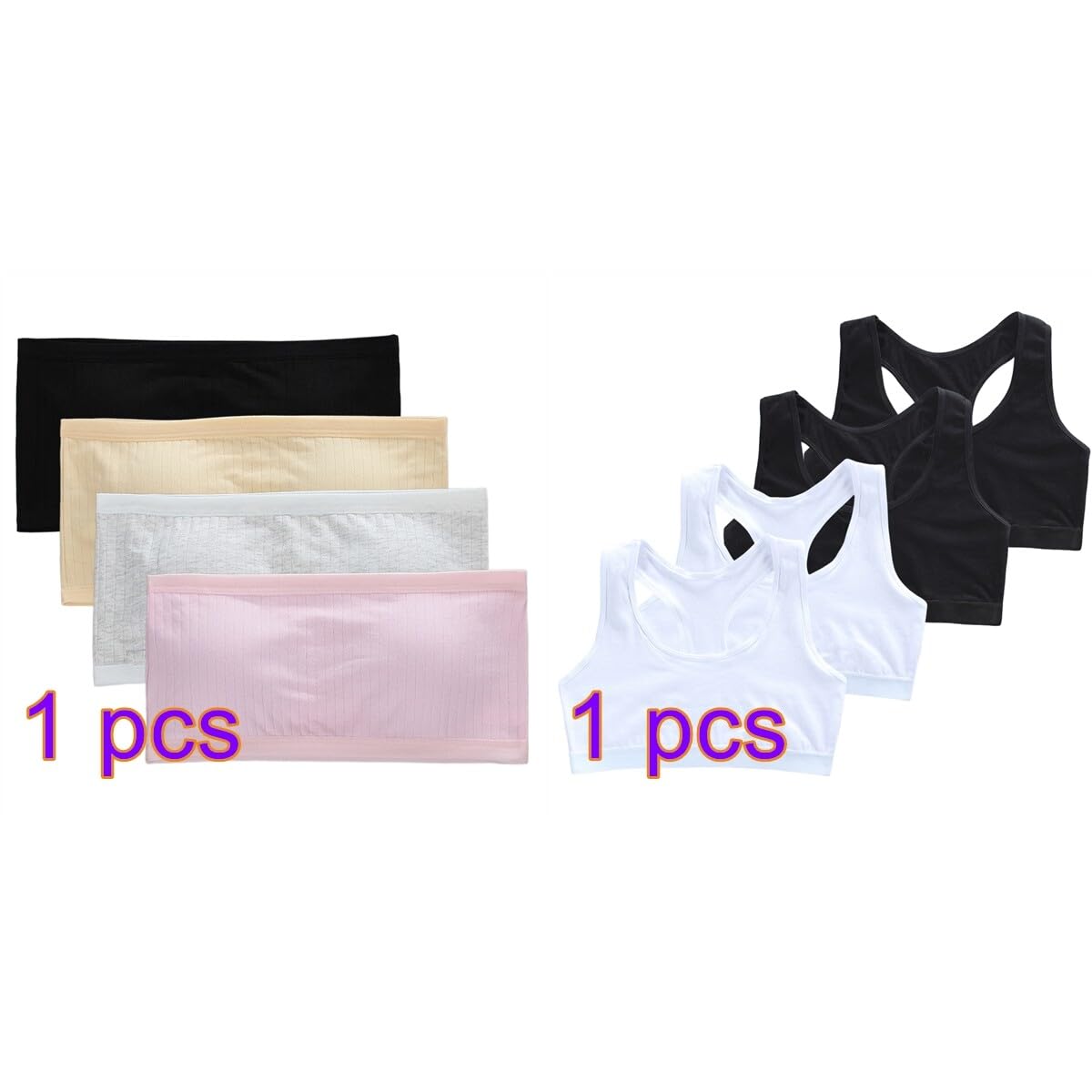 Paquete de 4 brasieres de entrenamiento para adolescentes y niñas, brasier de algodón sin tirantes, brasier transpirable de copa completa con almohadillas para el pecho para adolescentes