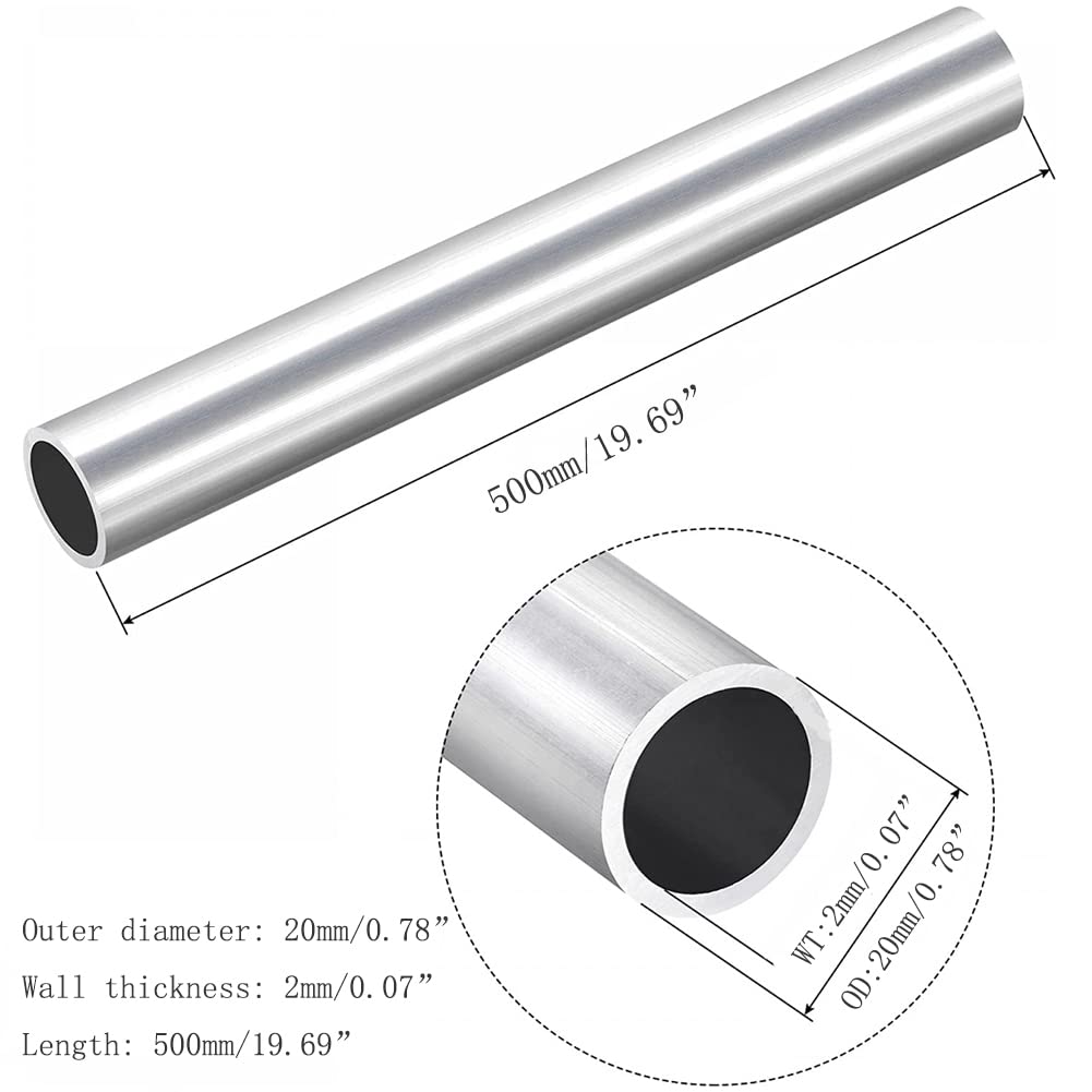 6063 Aluminum Tubes - Set of 2, Thick Wall Round Aluminum Straight tube, Outer Diameter 20mm, Wall thickness 2mm, Length 500mm