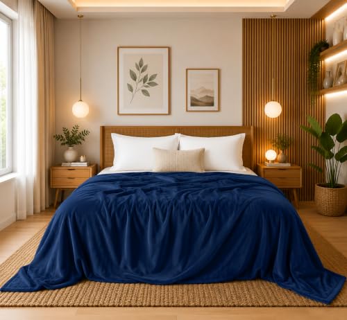 Image of SANMARINO Premium Solid Flannel Blanket for Single Bed | Super Soft Touch Plush Fleece Blanket | All Season Lightweight Yet Cozy Blanket for Bed,Sofa,Couch, Travel & Camping | 152 x228 cm(Dark Blue)