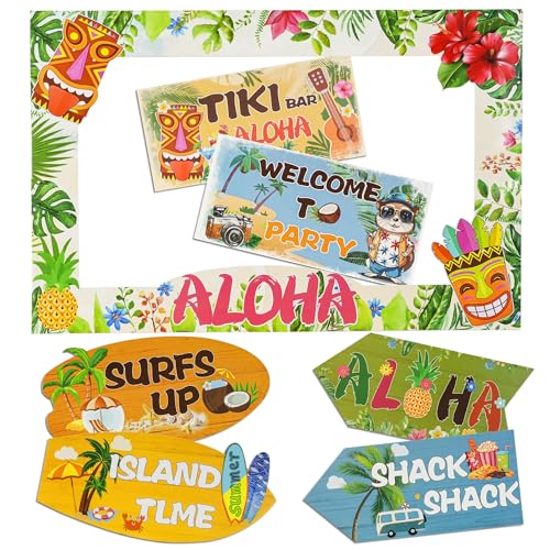 Syoulin Decoración para Fiestas Hawaianas: Marco de Fotos Aloha, Cartel de Bienvenida, artículos para Fiesta en la Playa, y decoración para Bar Tiki, jardín y Exterior