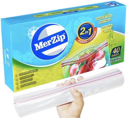 40x Reusable Ziplock Freezer Bags with Double Bamboo Seal by Merzip® Ultra Strong Large UK Gallon Airtight, Leakproof, BPA Free Microwave Safe and Sealable Zipper Food Storage Double Zip Plastic Bags