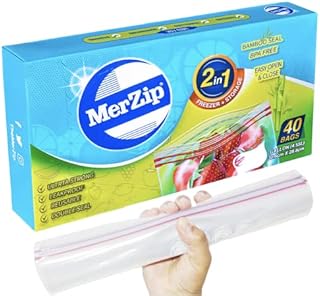 40x Reusable Ziplock Freezer Bags with Double Bamboo Seal by Merzip® Ultra Strong Large UK Gallon Airtight, Leakproof, BPA Free Microwave Safe and Sealable Zipper Food Storage Double Zip Plastic Bags