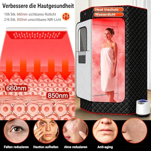 I-THERA-U Infrarot Sauna für Zuhause - Tragbare 660 & 850 nm Dampfsauna Infrared Sauna, Ganzkörper-Dampfzelt mit 3L 1200W Dampfgenerator Dampfbad, 15 Hitzestufen, Stuhl, Fernbedienung