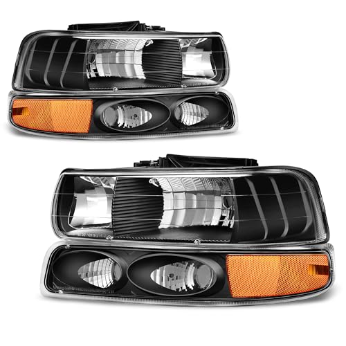 AUTOSAVER88 Halogen Headlight Assembly Compatible with 1999-2002 Chevy Silverado 1500 2500/2001-2002 Chevy Silverado 1500HD 2500HD 3500/2000-2006 Tahoe/Suburban Black Housing Amber Reflector