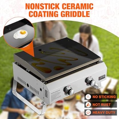 onlyfire Plancha Tischgasgrill, Mobiler BBQ Tischgrill Gas, Kleiner Gasgrill Balkon, Tragbarer Gas-Plancha, inkl. 2 Brenner aus Edelstahl, Grillfläche 45,8 x 36 cm, Keramische Lackbeschichtung, 4,7KW – Bild 5