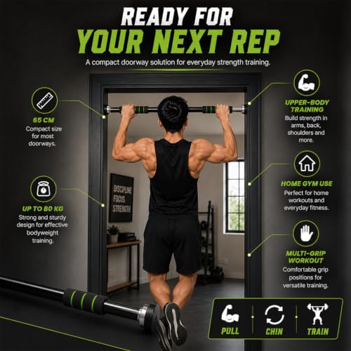Image of Pull Up Bar for Home Gym | Doorway Chin Up Bar for Strength Training, Upper Body Workout & Fitness Exercise | 65 cm