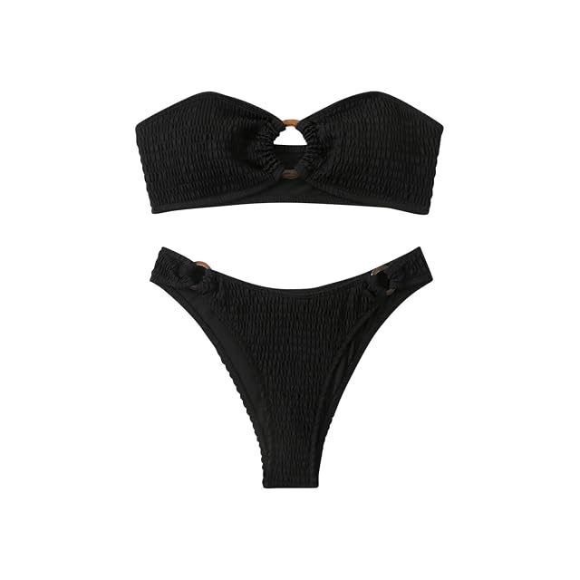 Womens Bandeau Bikini Sets Sexy O Ring Strapless Tie Back Two Piece Swimsuit High Cut Bathing Suits Cheeky