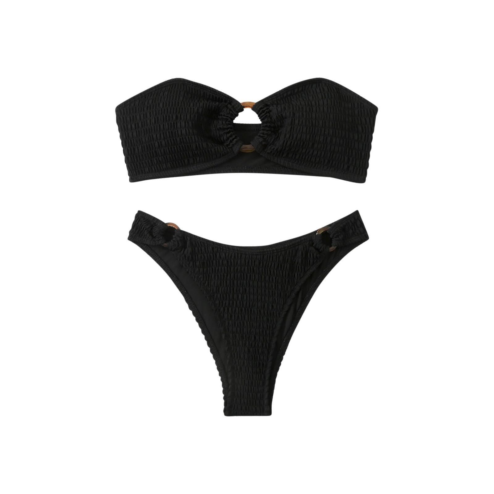 Womens Bandeau Bikini Sets Sexy O Ring Strapless Tie Back Two Piece Swimsuit High Cut Bathing Suits Cheeky