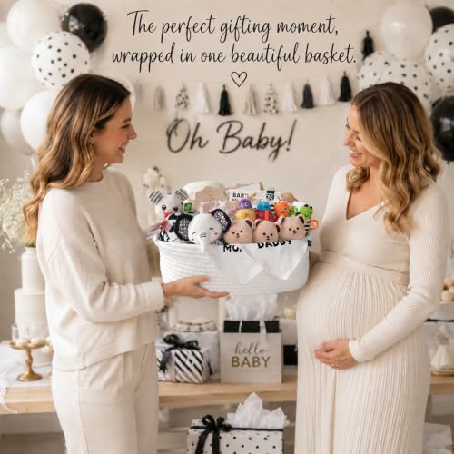 Image of Ultimate Gender-Neutral Baby Gift Basket, High-Contrast Black & White Newborn Essentials, Premium All-in-One Unisex Baby Shower & Gender Reveal Gift Set for Boys & Girls with Swaddle Diaper Caddy