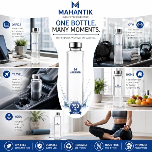 Image of 750ml Premium Square Glass Bottle with Leak Proof Stainless Steel Lid, Glass Juice Bottle for Water, Detox Drinks, Milk, Cold Coffee & Oil, Refrigerator Safe, Pack of 3