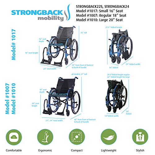 Strongback Mobility 24” Wheels Lightweight Foldable Wheelchair, Built-In Adjustable Lumbar Support, Promotes A Healthy Spine, 20 Inch Seat Model 2.0 #TOP5