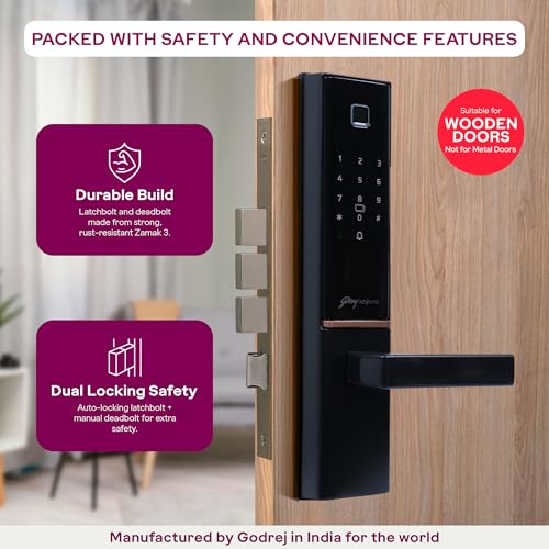 Image of Godrej Smart Lock | The Only 7 in 1 NFC Digital Lock with Scheduled Biometric Access | VDP Compatible | Wooden Door in Home & Offices | Matte Black |3 Yrs Warranty |Made in India