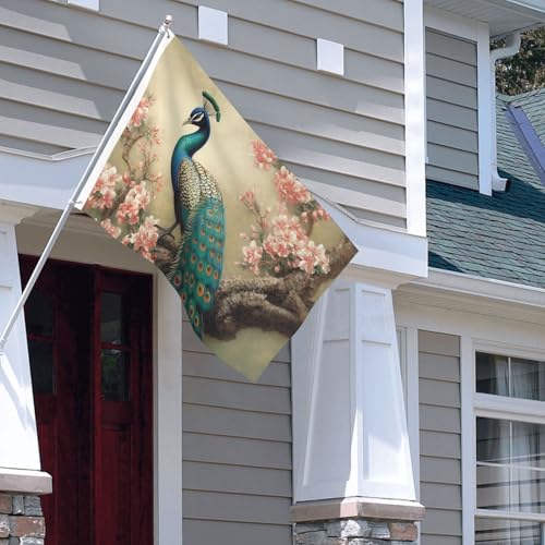 Drapeau pour extérieur toutes saisons robuste 1,2 x 1,8 m avec motif paon de bienvenue