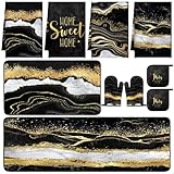 Fourluoo 10 Pcs Marble Farmhouse Kitchen Decor Accessories Set Marble Kitchen Dish Towels Rugs Oven Mitts and Pot Holders Sets for Cooking Baking Daughter Mom Gift(Black)