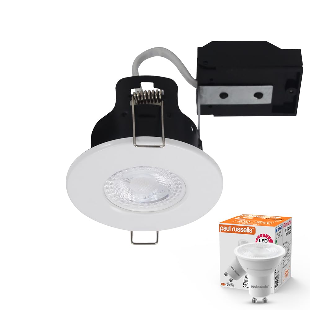 paul russells Dimmable LED Downlights Recessed Ceiling Lights, Fire Rated GU10 Spotlights Can, 65-70mm, IP65, 4.5W = 50W Equivalent, White Bezel, Include 6500K Daylight White Bulb, 1 Pack
