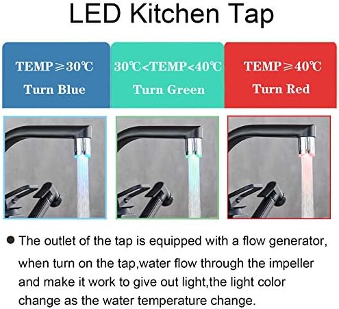Rozin Black LED Kitchen Sink Tap with Pull Out Spray 360 Degree Swivel Spout Single Lever Brass Kitchen Mixer Tap with UK Standard Fittings