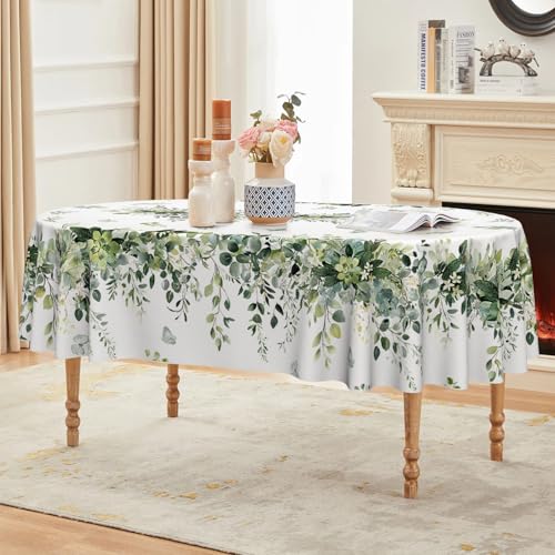 Image of Horaldaily Spring Tablecloth 60 x 84 Inch Oval Green Eucalyptus Seasonal | Washable Table Cover for Party Picnic Dinner Decor