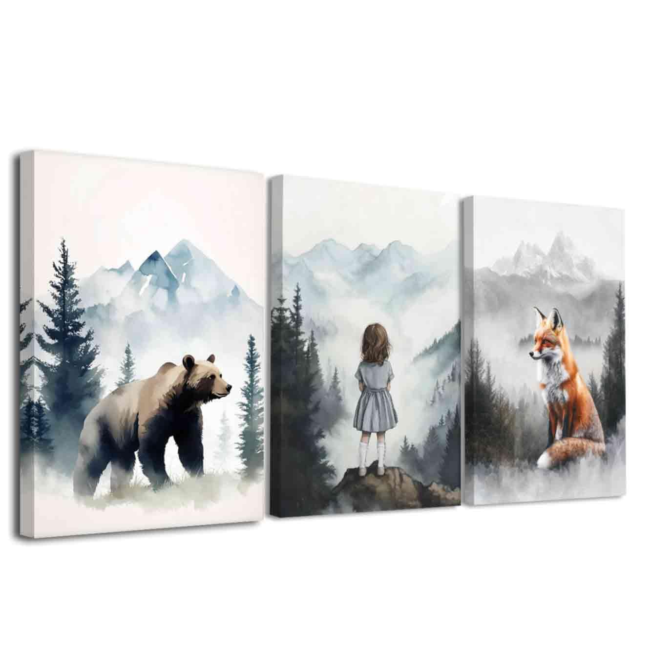 ZXHYWYM 3 Pcs Adventure Nursery Wall Art Woodland Animal Picture Wall Decor Watercolor Mountain Poster Boy Girl Artwork Foggy Forest Canvas Prints Kids Room (White, (30x40cmx3 Pieces))