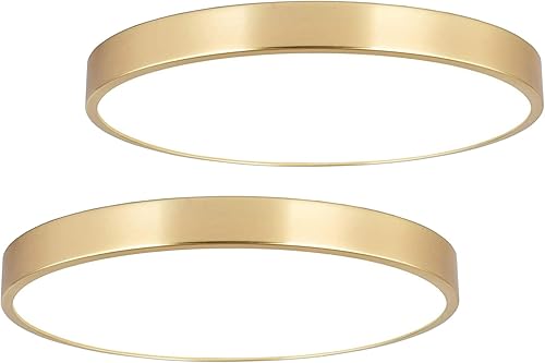 SOTTAE Paquete de 2 lámparas de techo LED de montaje empotrado de oro cepillado de 12 pulgadas, 3000K-5000K 20W, lámpara de techo redonda delgada de
