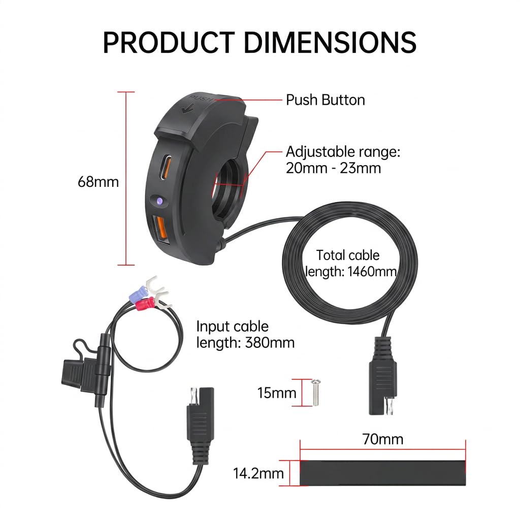 Chargeur USB Moto pour CRF 1000L, Double Port Type-C PD 30W QC3.0 Charge Rapide Adaptateur SAE vers USB avec Protection pour Téléphone