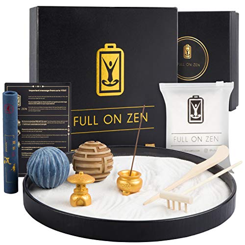 Full on Zen Meditation Decor Mini Zen Garden for Desk Kit - Japanese Zen Garden Sand Tray Therapy with Desk Zen Garden Accessories and Agarwood Incense
