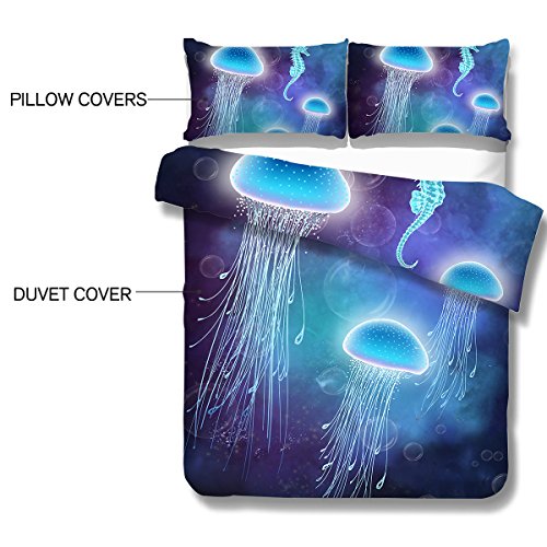 Arightex 3D Ocean Bedding Blue Jellyfish Duvet Cover Underwater Bedspread Deep Sea Bedding For Adult Kids (Queen) #TOP4