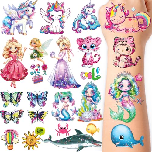 240 Pcs Glitter Temporary Tattoos for Kids - PALANDA 36 Sheets Sparkly Tattoo Stickers for Boys&Girls Mermaid Unicorn Princess Dinosaur Butterfly Animal Space Designs Waterproof Party Bag Fillers