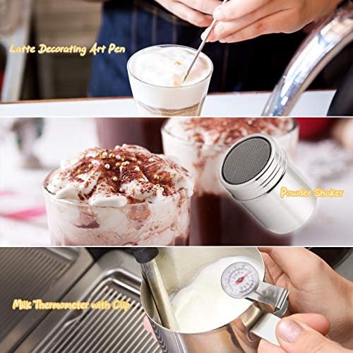 WXJ13 Milk Jug 350ml/12OZ, Stainless Steel Milk Frothing Pitcher, Milk Thermometer with Clip, Powder Shaker with Lid and Latte Art Pen for Hot Chocolate Cappuccino Coffee Latte Art Maker