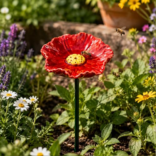 Ceramic Bee Watering Station for Garden, Handmade Flower Water Feeder for Bees...